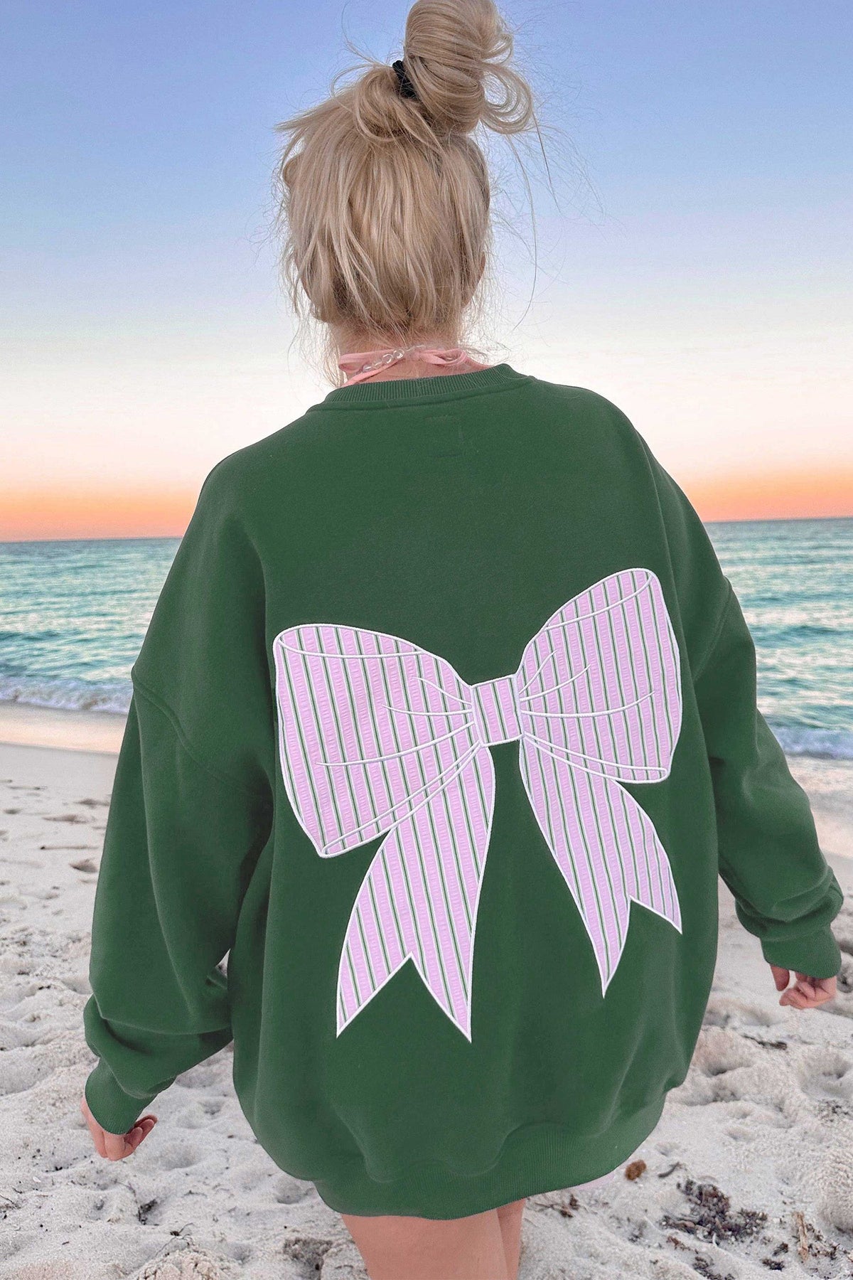 Blackish Green Striped Bow Graphic Oversized Sweatshirt — image 03