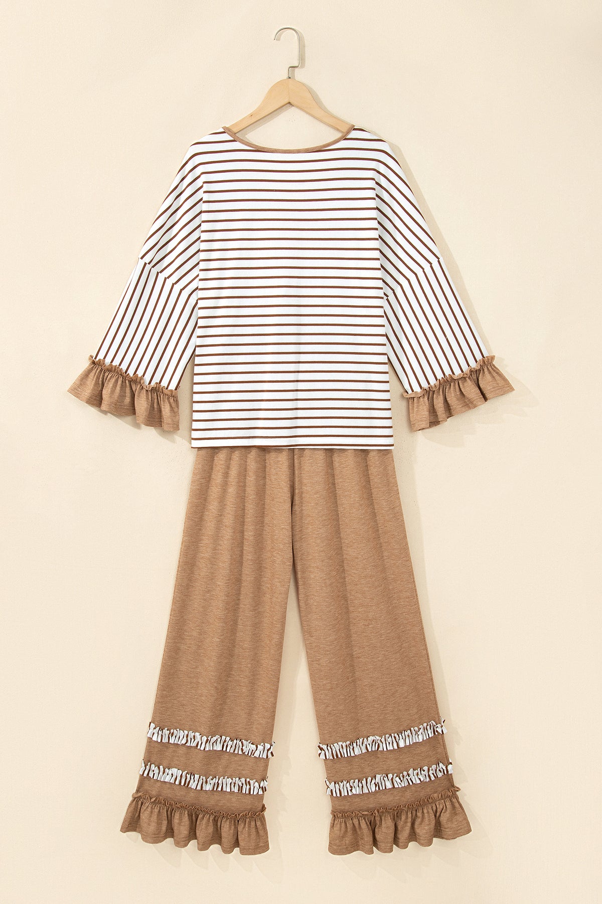 Stripe V-Neck Ruffle Contrast Sleeve Top + Drawstring Pants Set — image 03