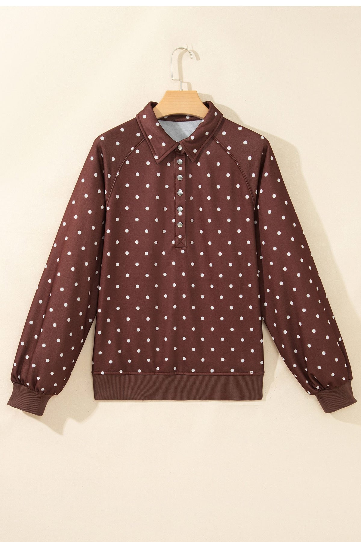 Brown Polka Dot Print Metal Button Collar Casual Pullover Sweatshirt — image 03