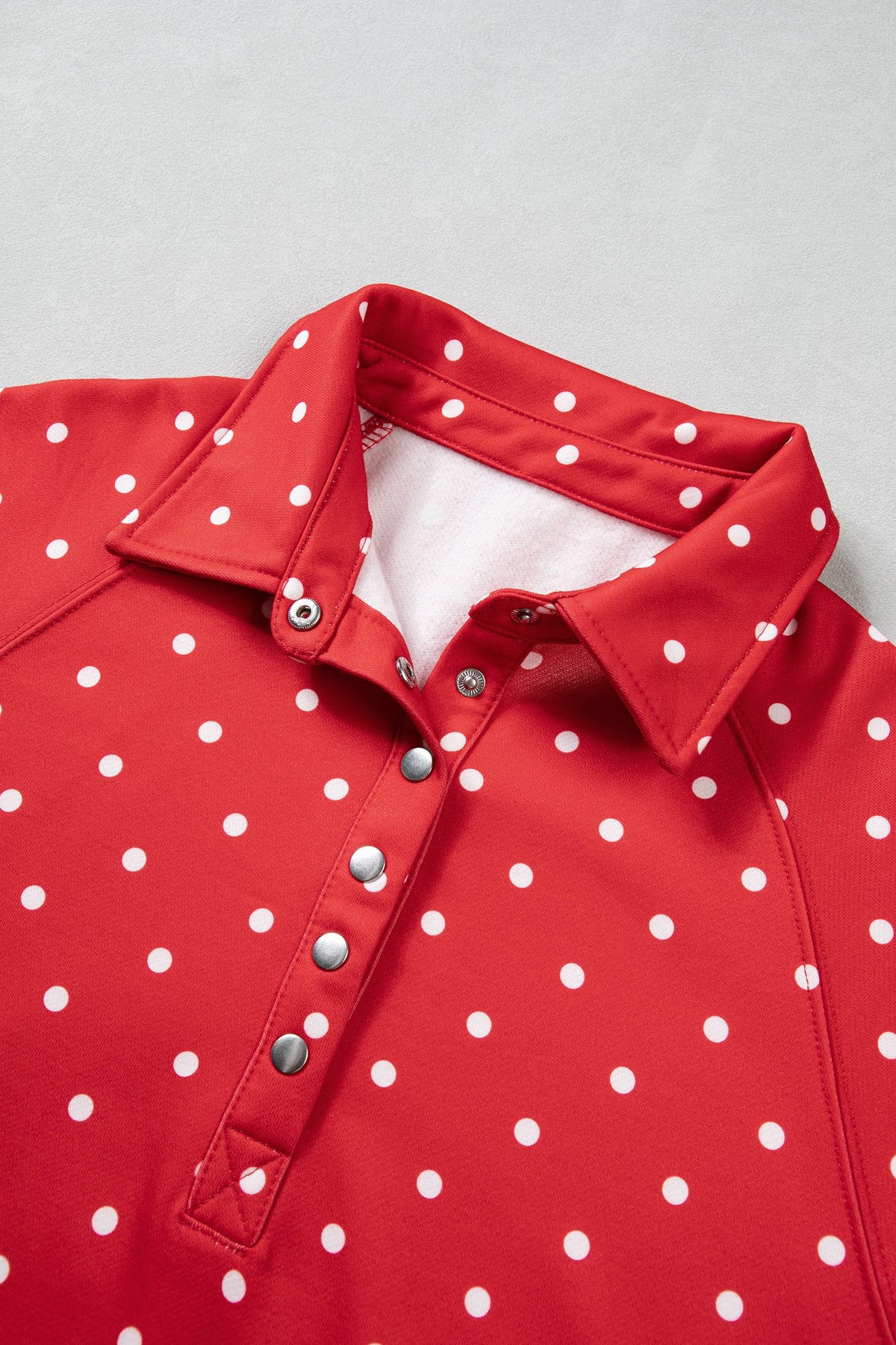 Red Polka Dot Print Metal Button Collar Casual Pullover Sweatshirt — image 03