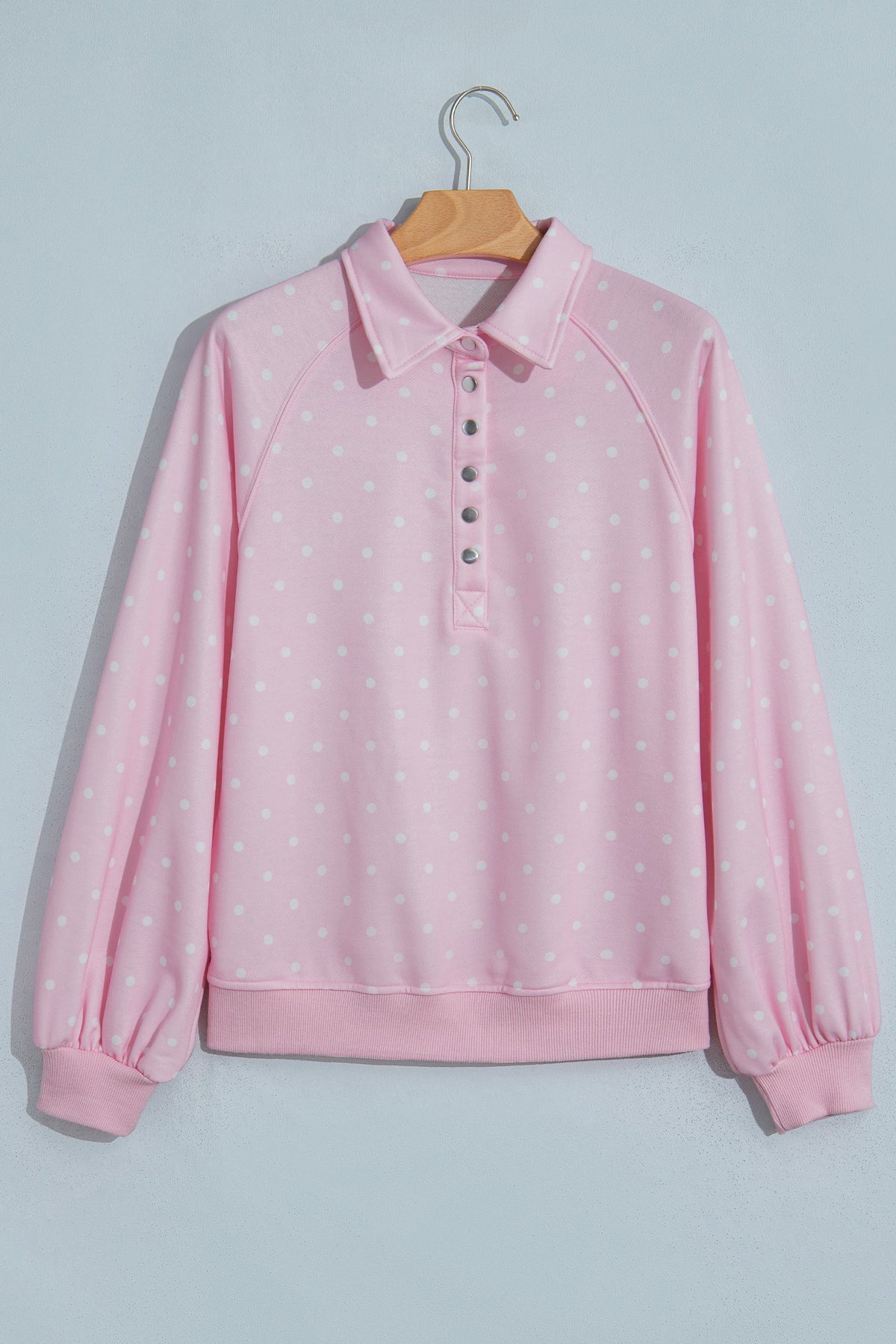 Pink Polka Dot Print Metal Button Collar Casual Pullover Sweatshirt — image 03