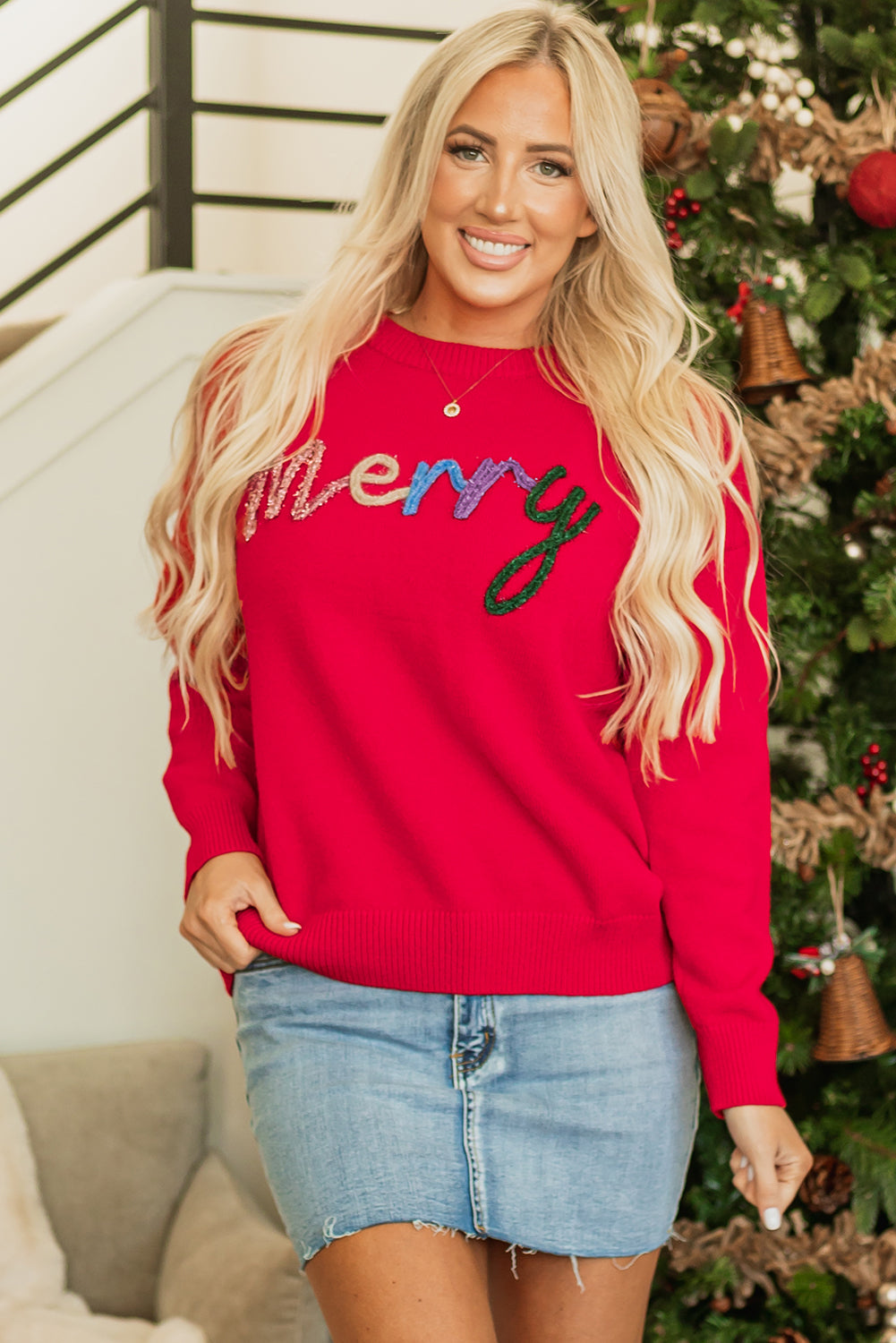 Fiery Red Tinsel Merry Letter Drop Shoulder Baggy Sweater — image 03