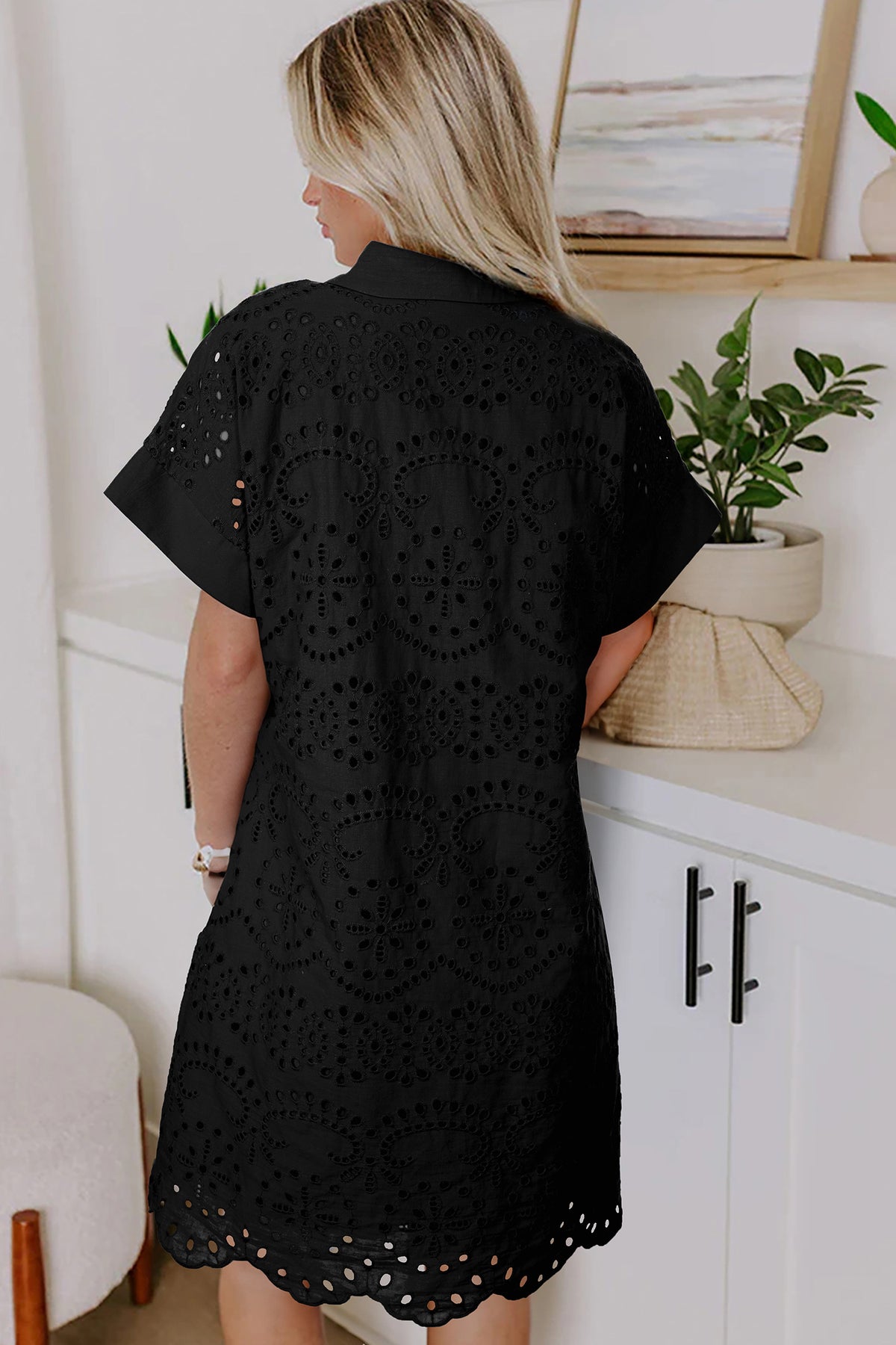 Black Solid Color Eyelet Embroidered T Shirt Mini Dress — image 03