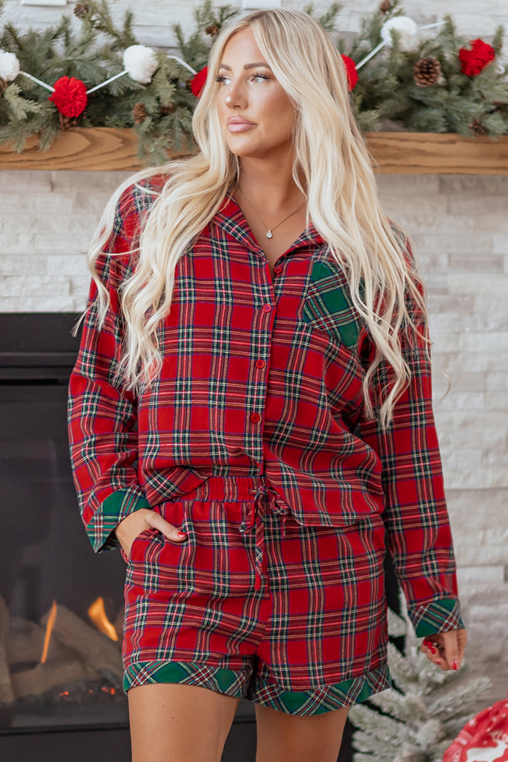 Red Plaid Contrast Patched Christmas Shirt & Short Pajama Set — image 03