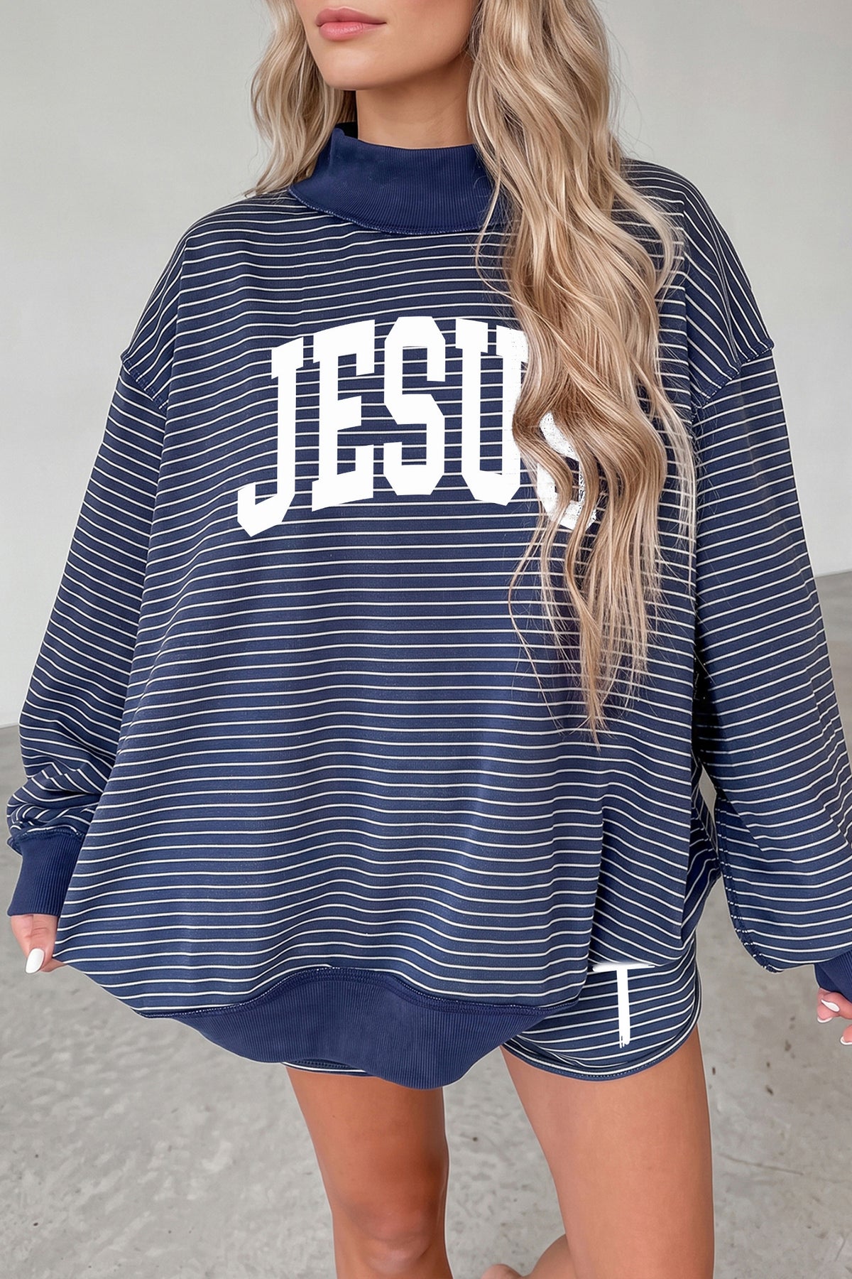 Blue Stripe Ribbed Accent Mock Neck JESUS Oversized Pullover and Shorts Set — image 03