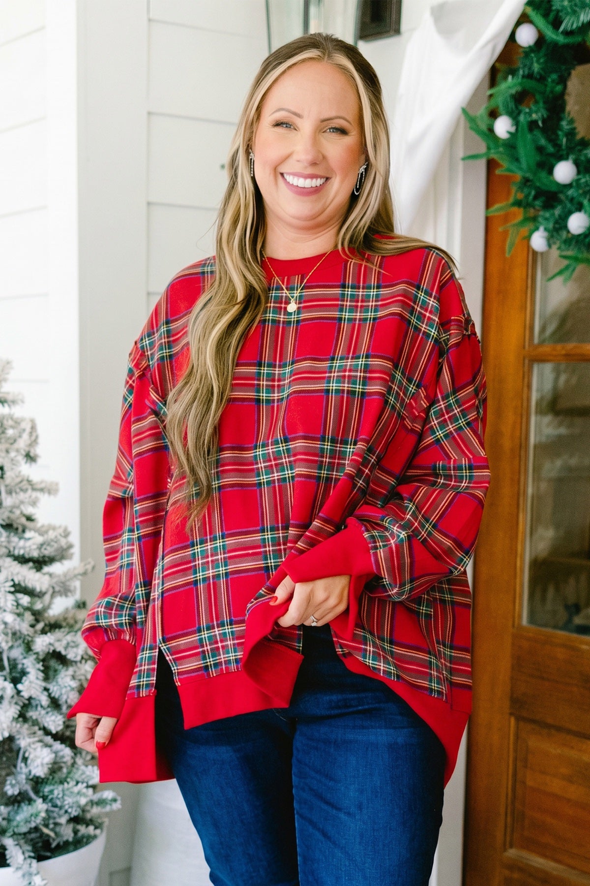 Red Festive Plaid Split Tunic Sweatshirt - Plus — image 03