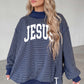 Blue Stripe Ribbed Accent Mock Neck JESUS Oversized Pullover and Shorts Set — image 04