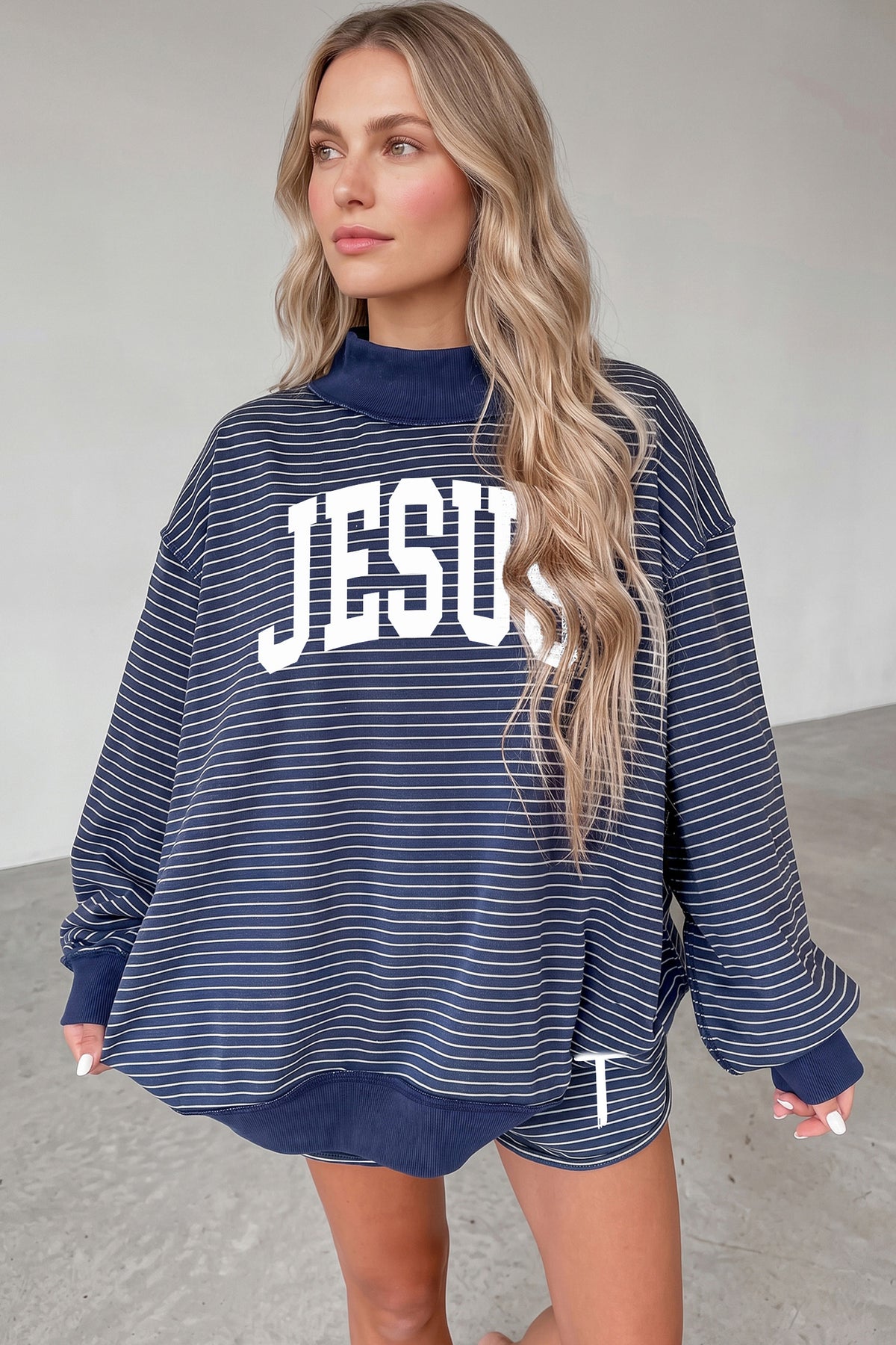 Blue Stripe Ribbed Accent Mock Neck JESUS Oversized Pullover and Shorts Set — image 04