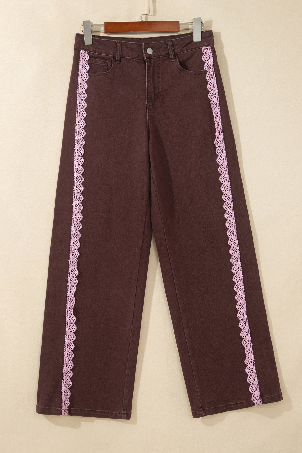 Coffee Lace Trim Casual Full-Length Regular Fit Jeans — image 04