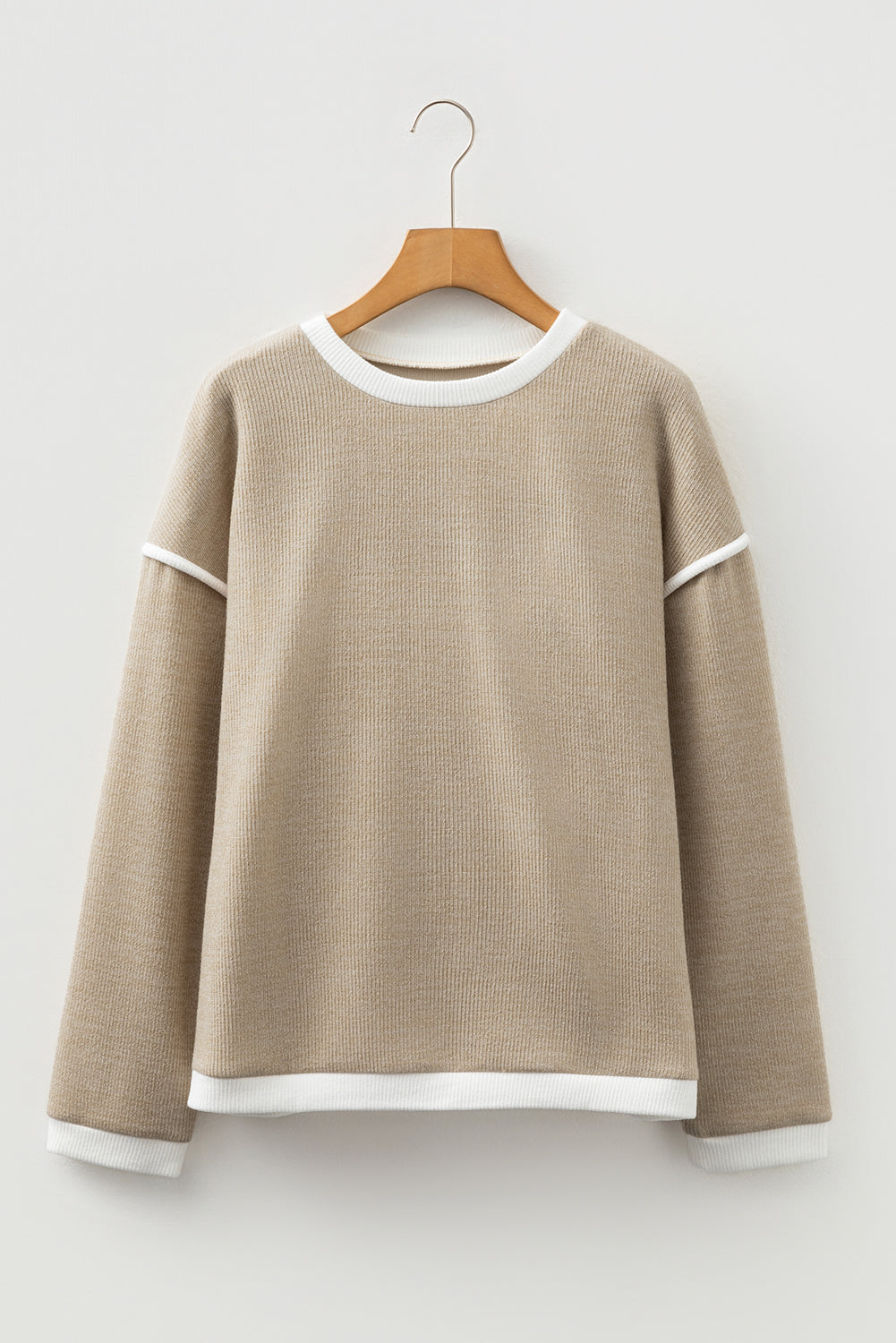 Light Pink Contrast Color Trim Knit Drop Shoulder Loose Top — image 04