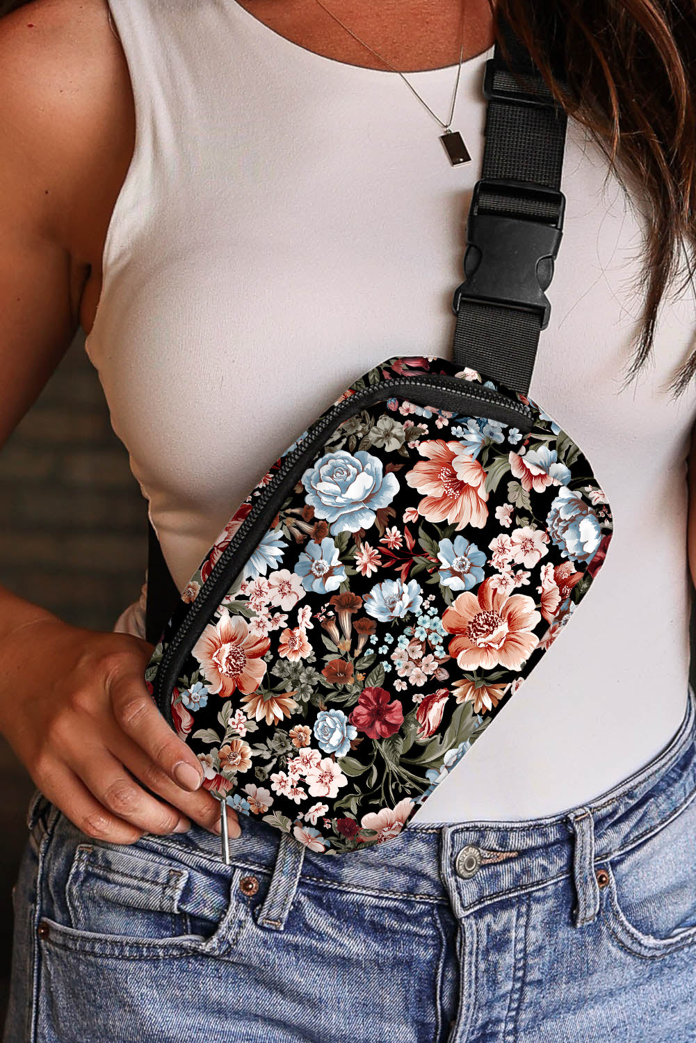 Black Floral Print Zipper Wide Strap Sling Bag — image 04