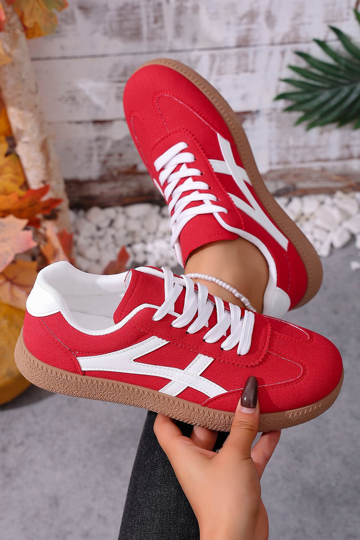 Racing Red Faux Suede Contrast Patchwork Detail Lace Up Flat Sneakers — image 04