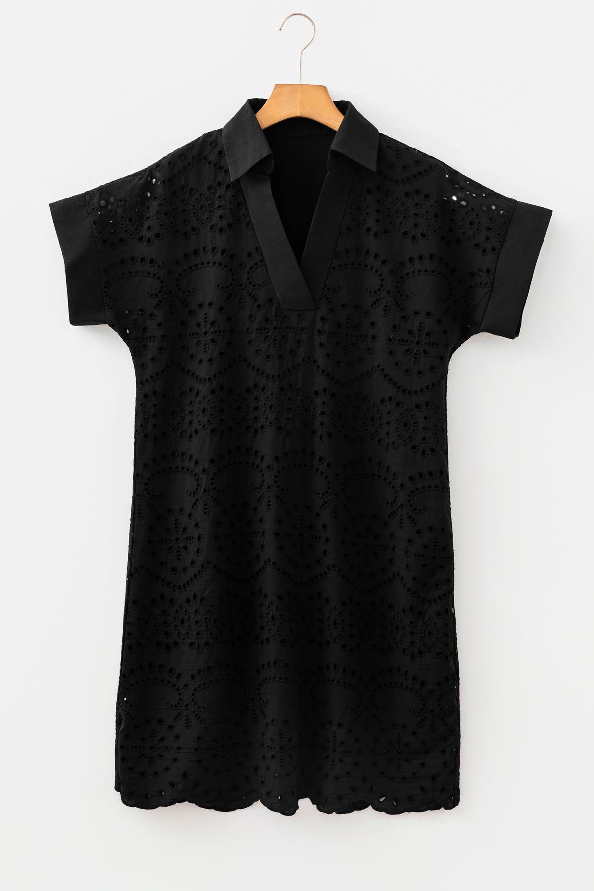 Black Solid Color Eyelet Embroidered T Shirt Mini Dress — image 04