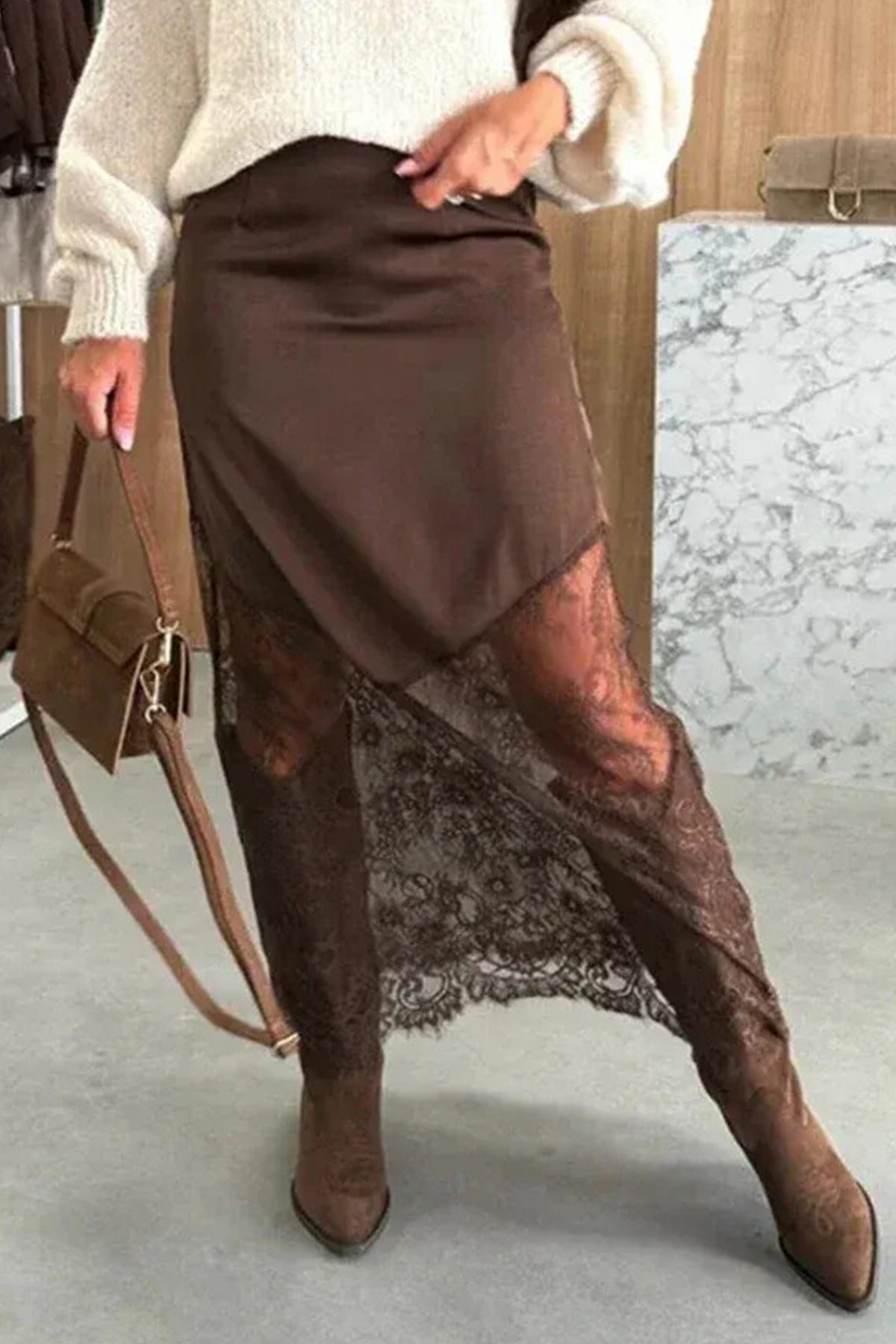 PREORDER // Dark Brown Lace Patchwork Hem Long Skirt // ETA November — image 04
