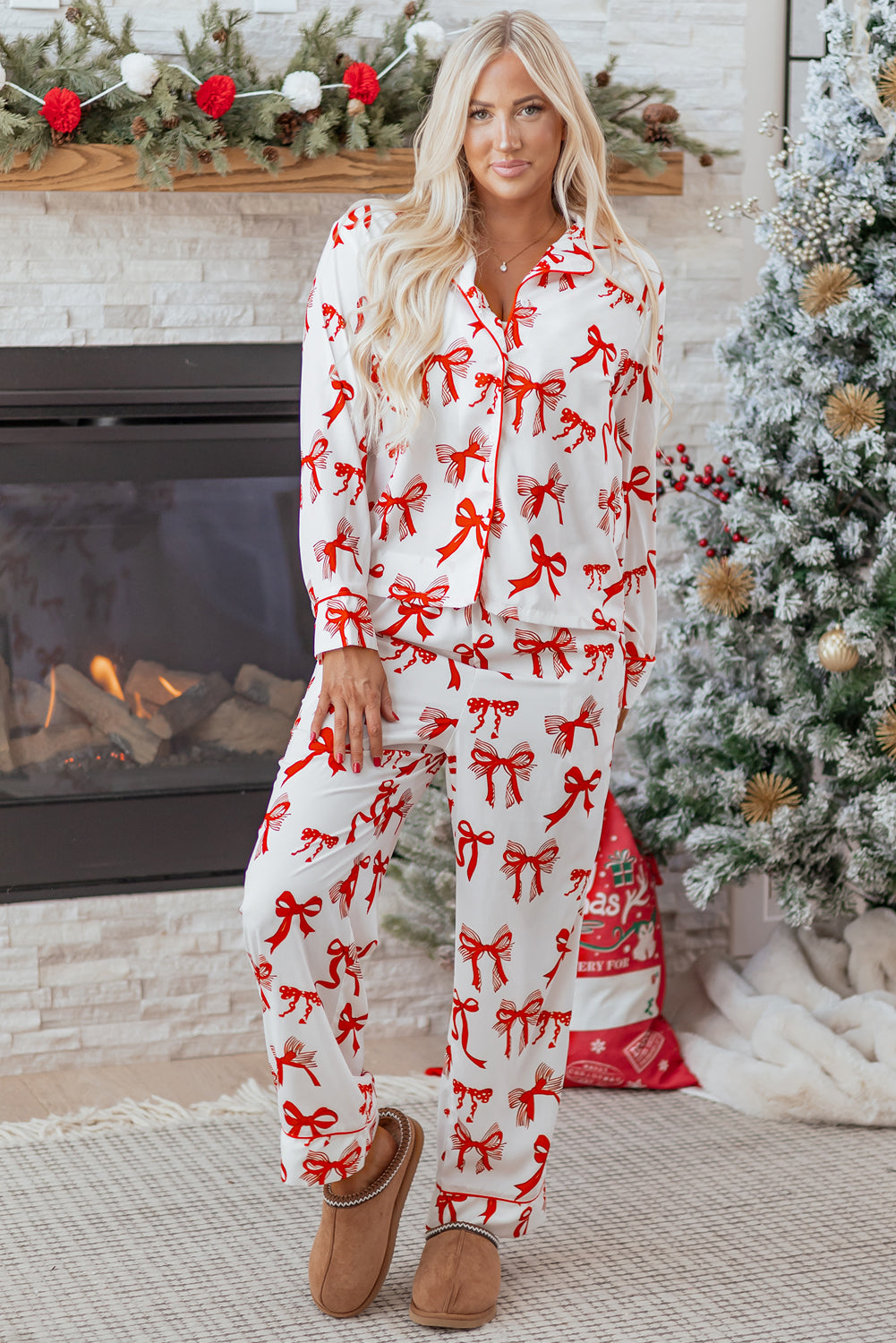Red Christmas Bow Print Long 2pcs Pajama Set — image 04