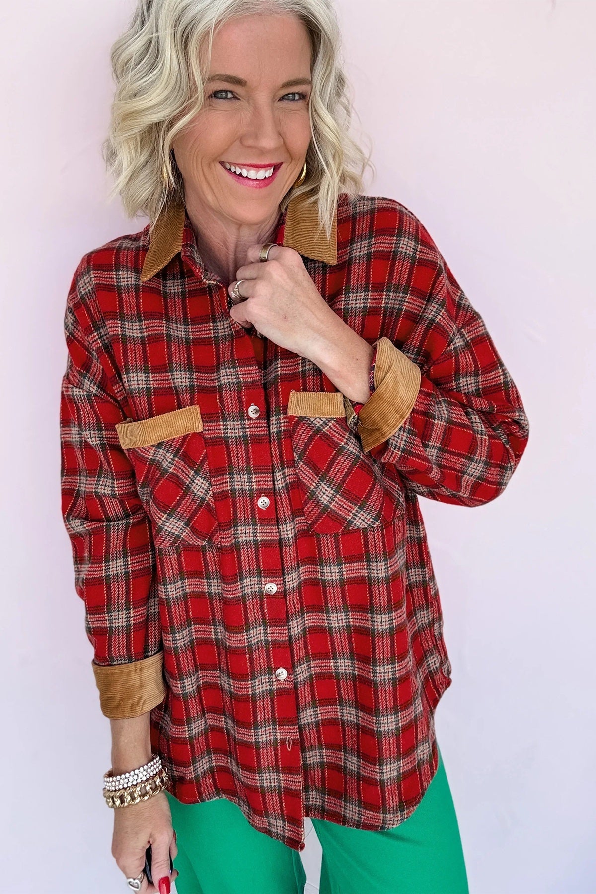 Red Plaid Color Block Collared Button Shacket — image 04