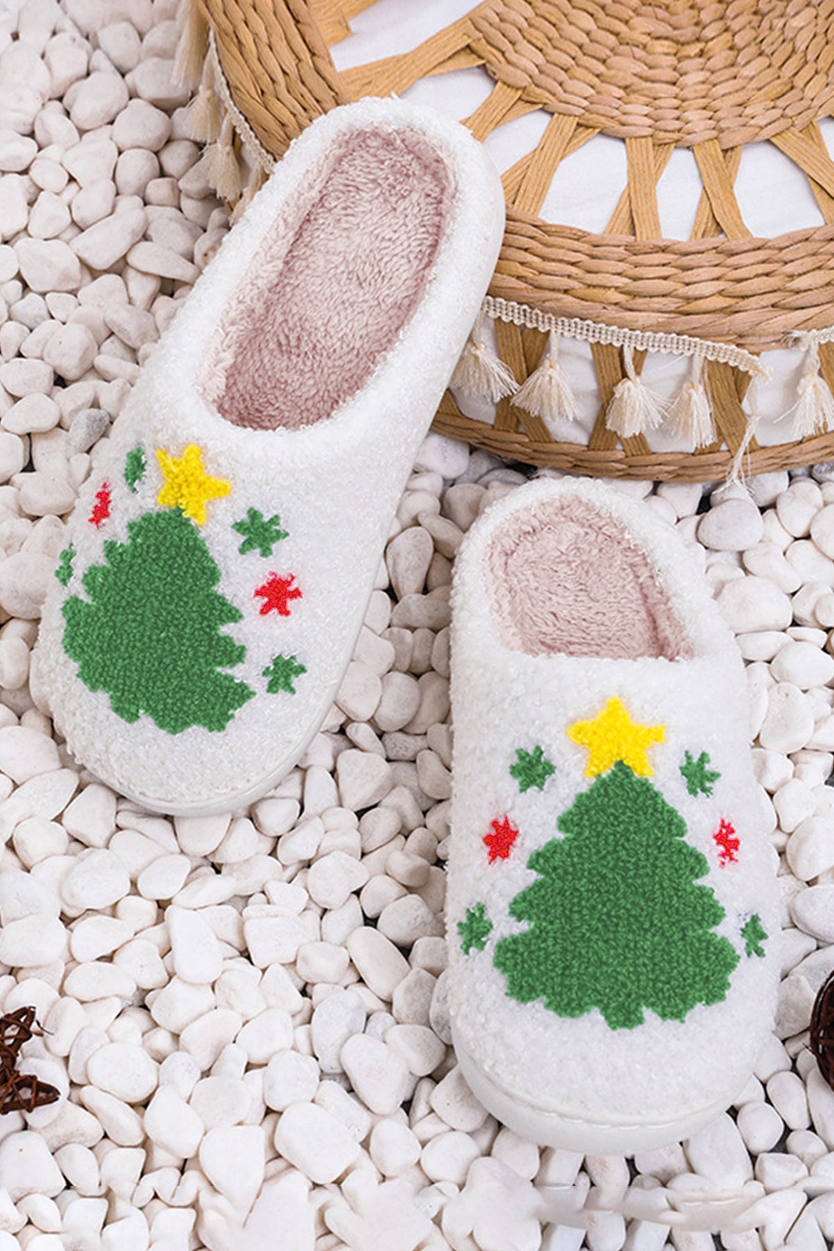White Fuzzy Christmas Tree Pattern Home Slippers — image 04