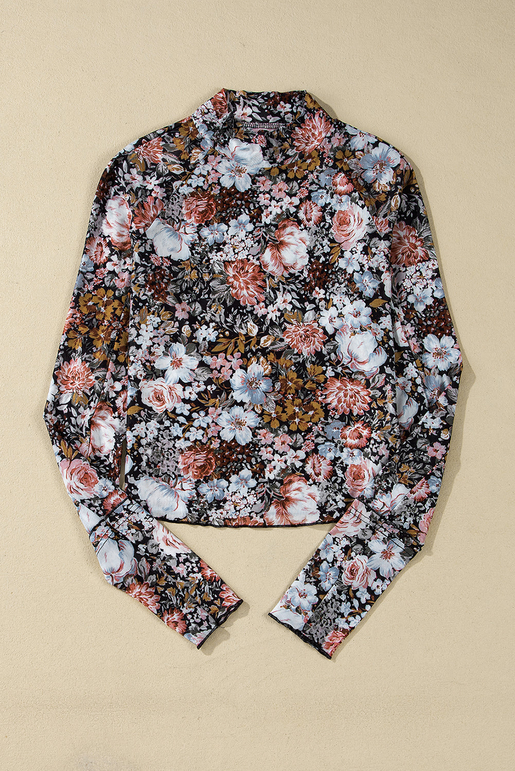 Brown Floral Long Sleeve High Neck Sheath Mesh Blouse — image 04
