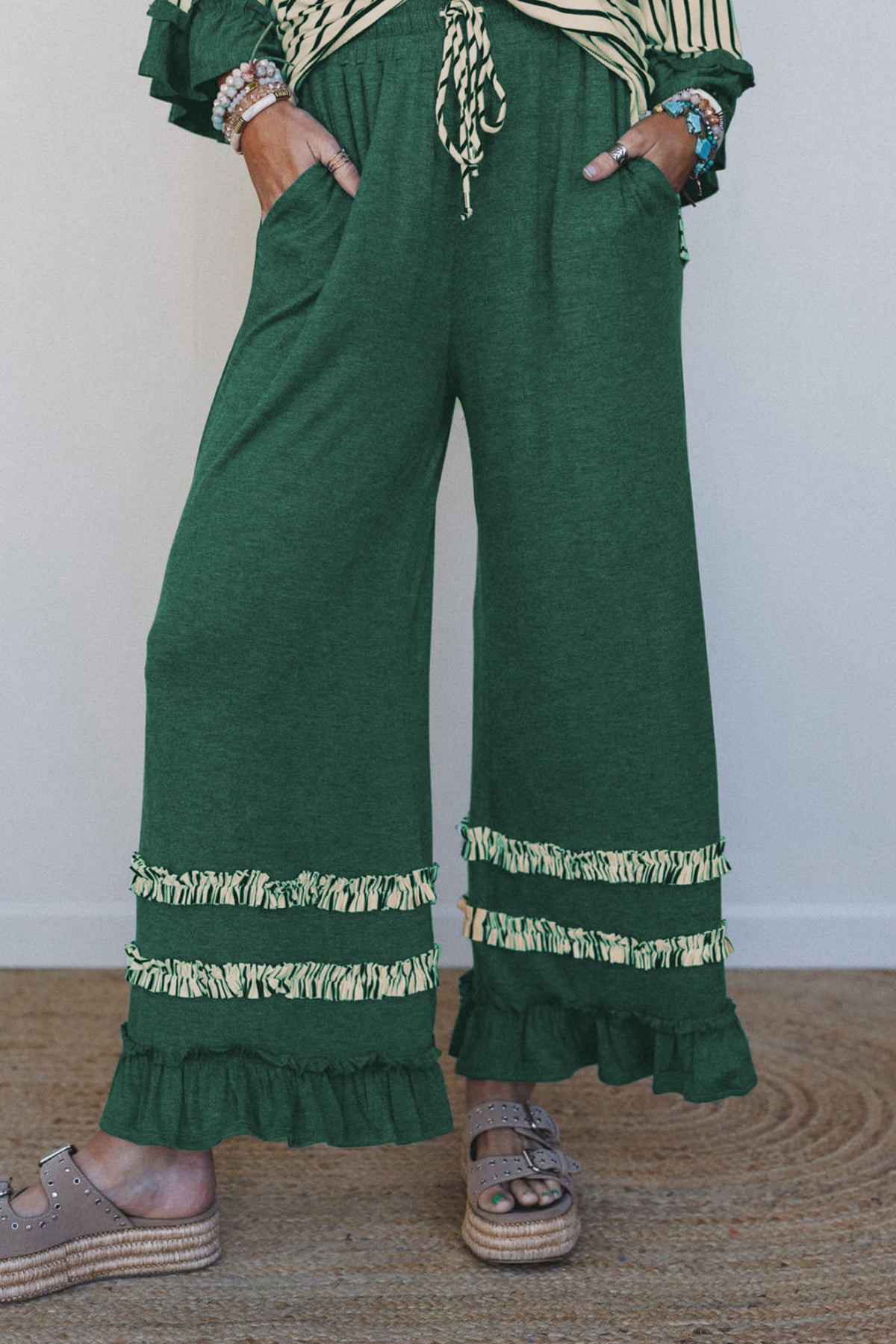 Stripe V-Neck Ruffle Contrast Sleeve Top + Drawstring Pants Set — image 04