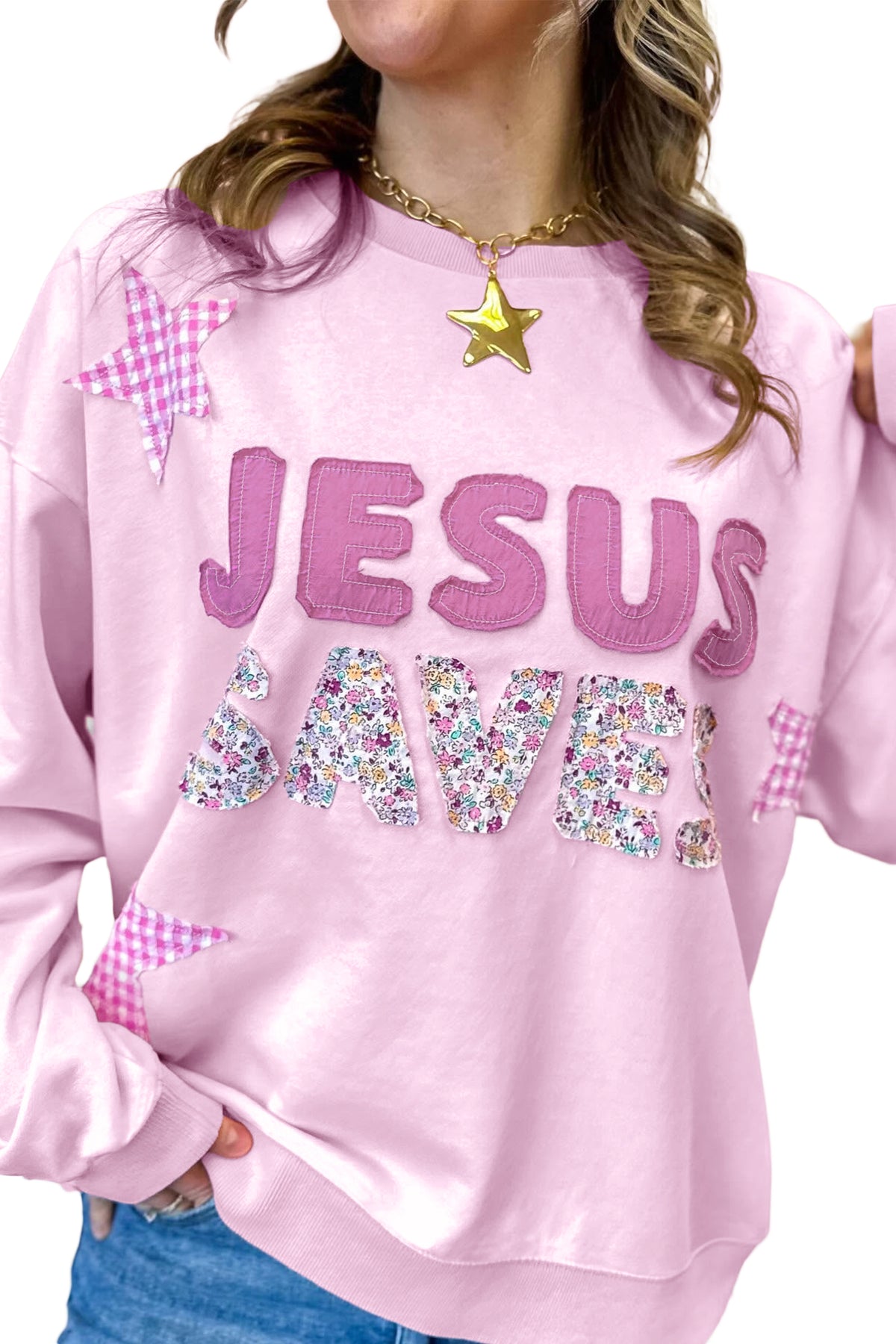 Pink JESUS SAVES Patchwork Stars Plaid Floral Letters Baggy Sweatshirt — image 04