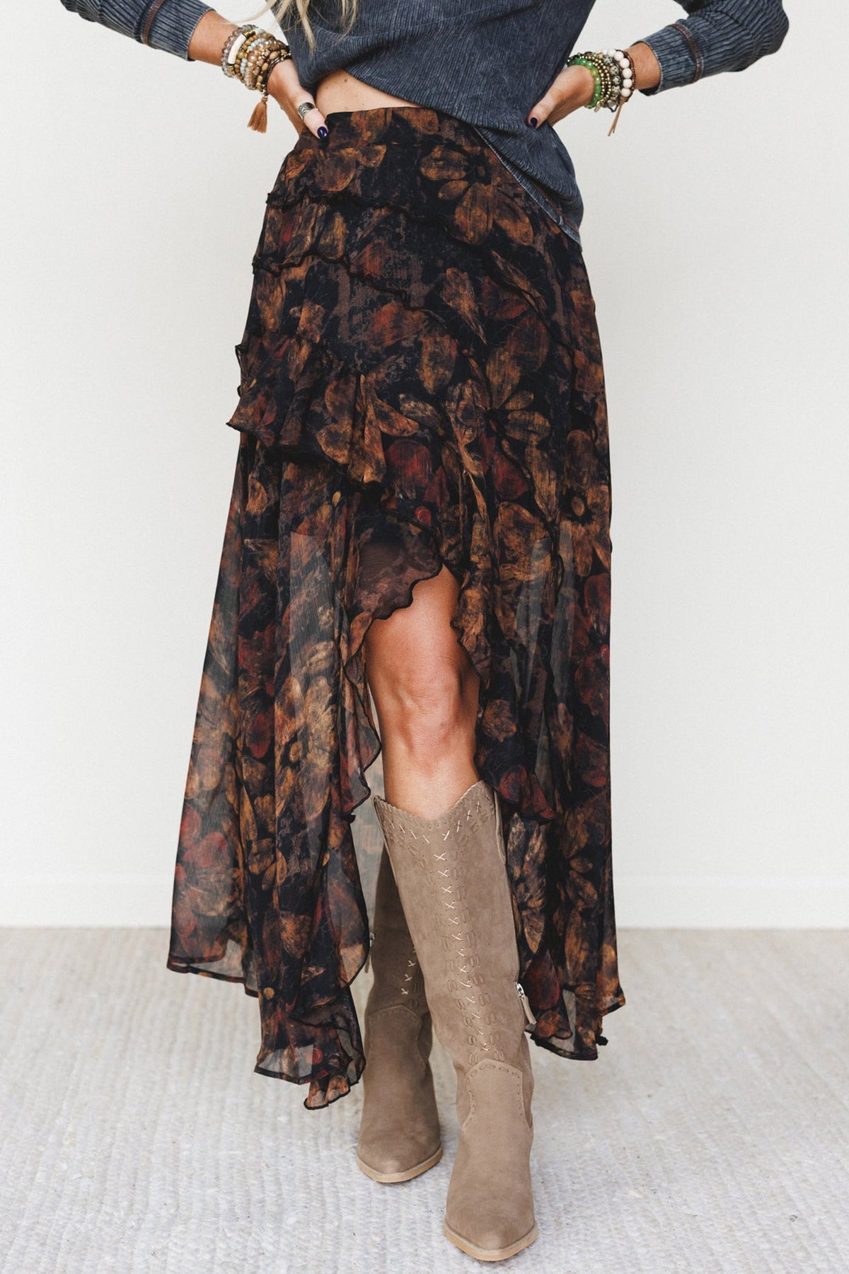 PREORDER // Brown Floral Print Ruffle Split Hem Flowy Long Skirt // ETA 11/19 — image 04