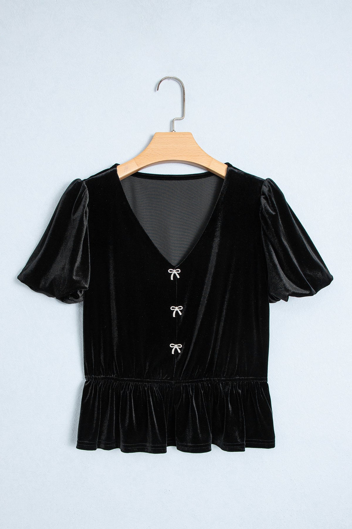 Black V Neck Bow Decorations Peplum Hem Shift Silhouette Short Sleeve Blouse — image 04