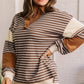 Brown Stripe Collar V Neck Color Block Pullover Top — image 04