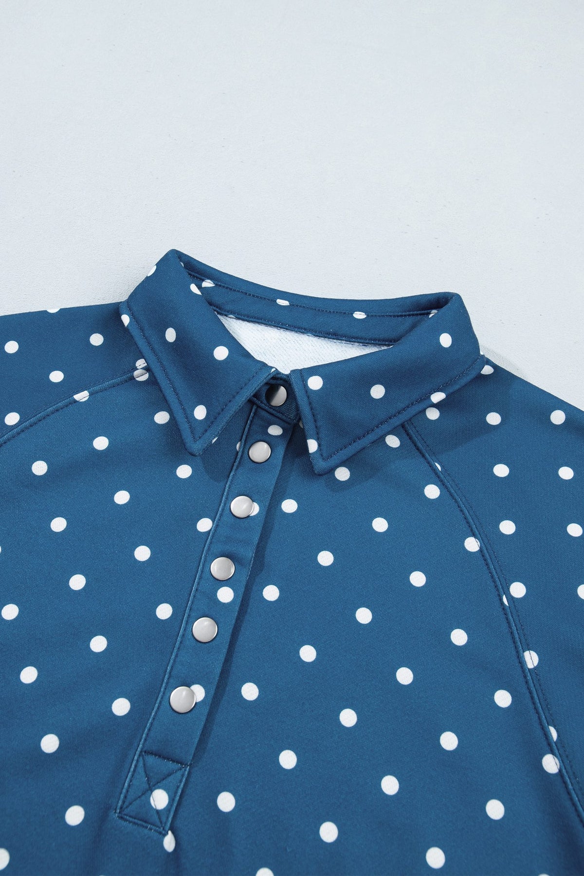 Blue Polka Dot Print Metal Button Collar Casual Pullover Sweatshirt — image 04