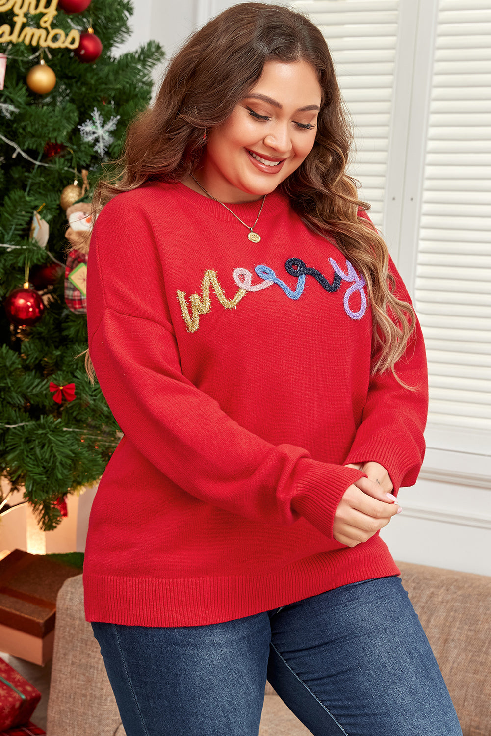 Fiery Red Tinsel Merry Letter Drop Shoulder Baggy Sweater — image 04
