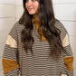 Brown Stripe Collar V Neck Color Block Pullover Top — image 04