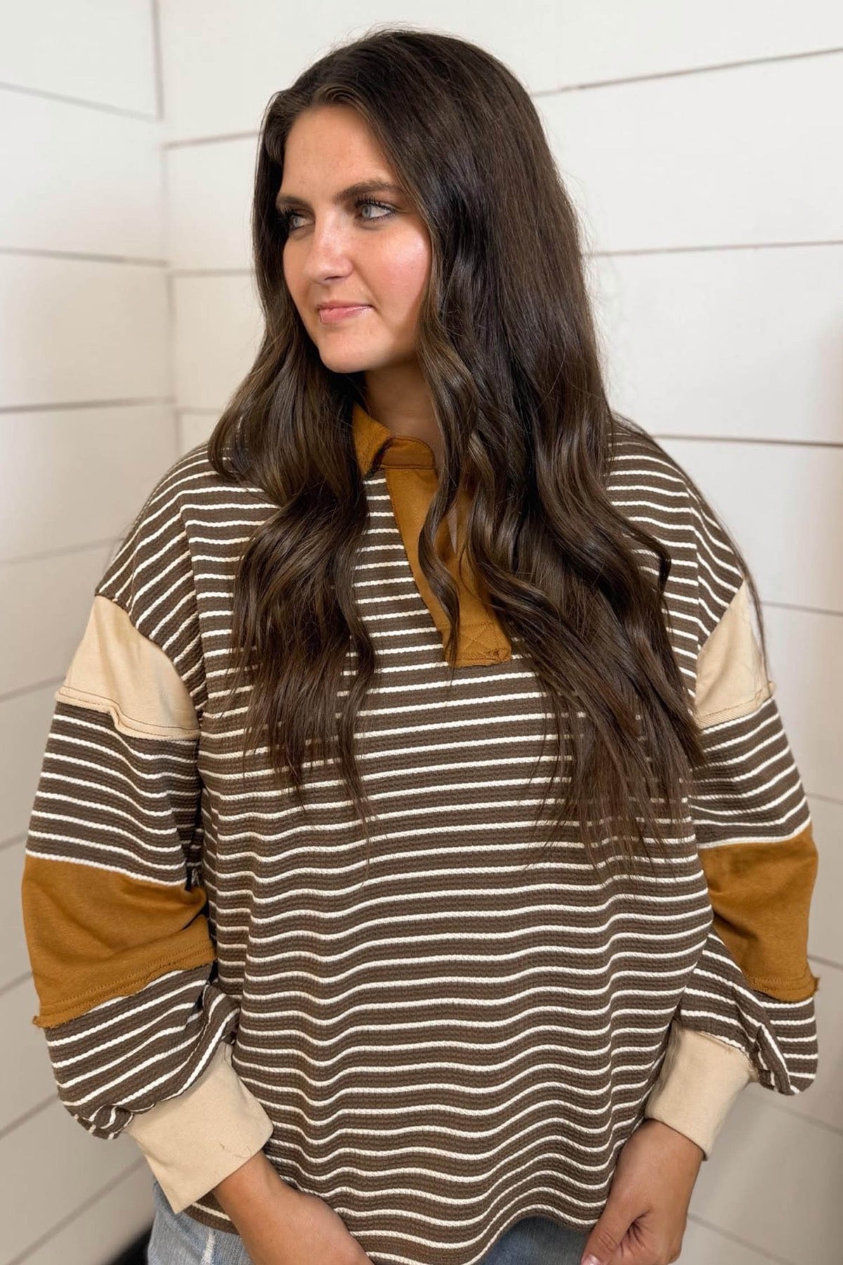 Brown Stripe Collar V Neck Color Block Pullover Top — image 04