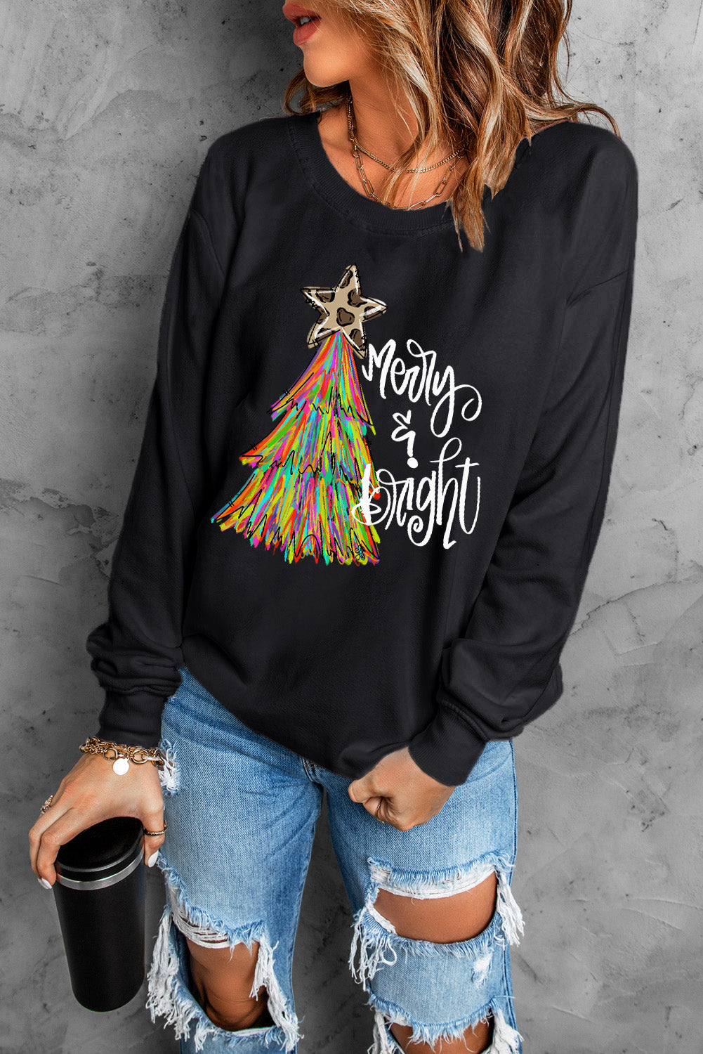 Black Merry & Bright Christmas Tree Graphic Sweatshirt — image 04