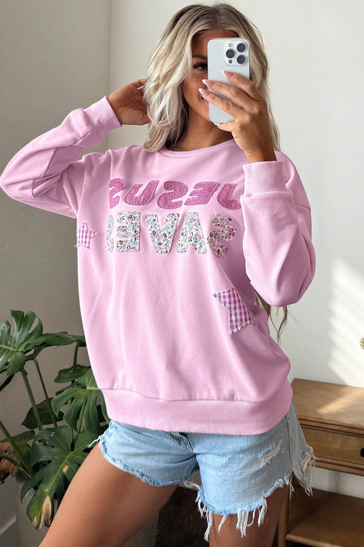Pink JESUS SAVES Patchwork Stars Plaid Floral Letters Baggy Sweatshirt — image 04