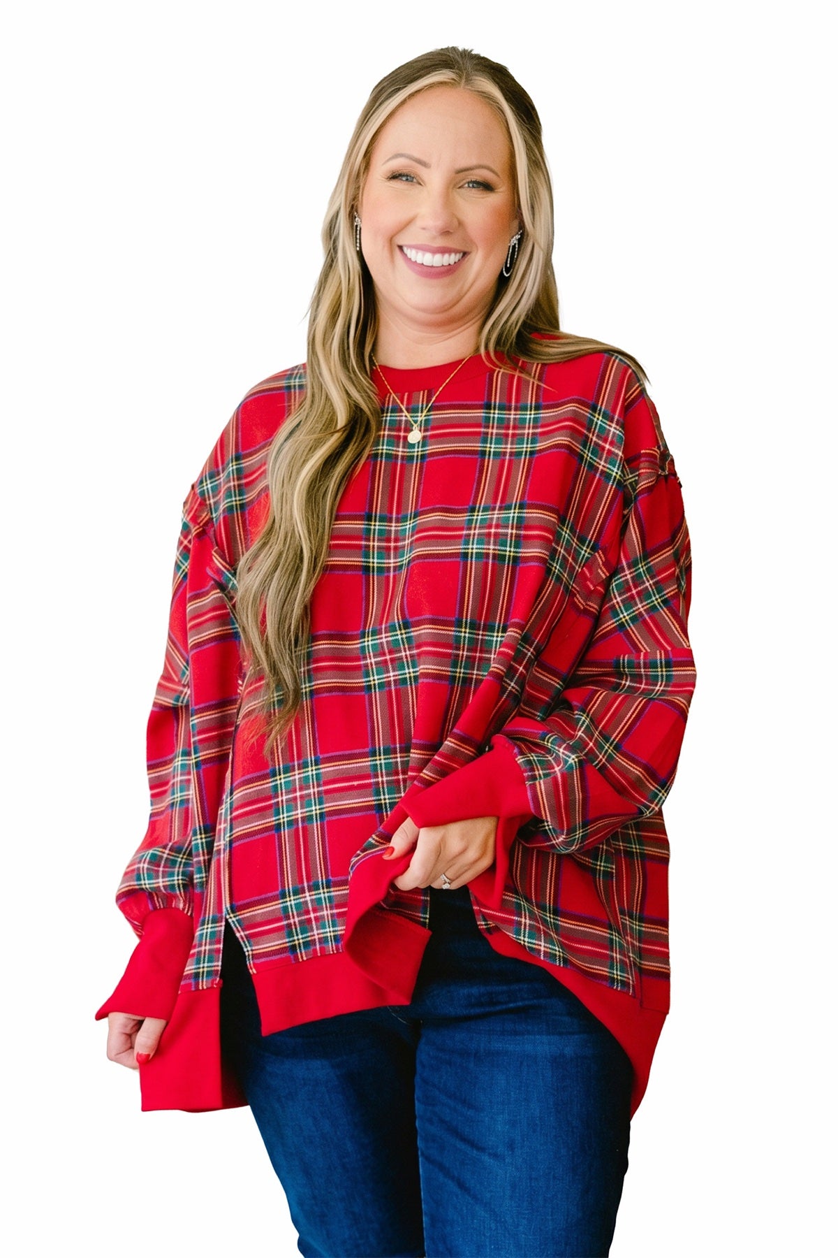 Red Festive Plaid Split Tunic Sweatshirt - Plus — image 04