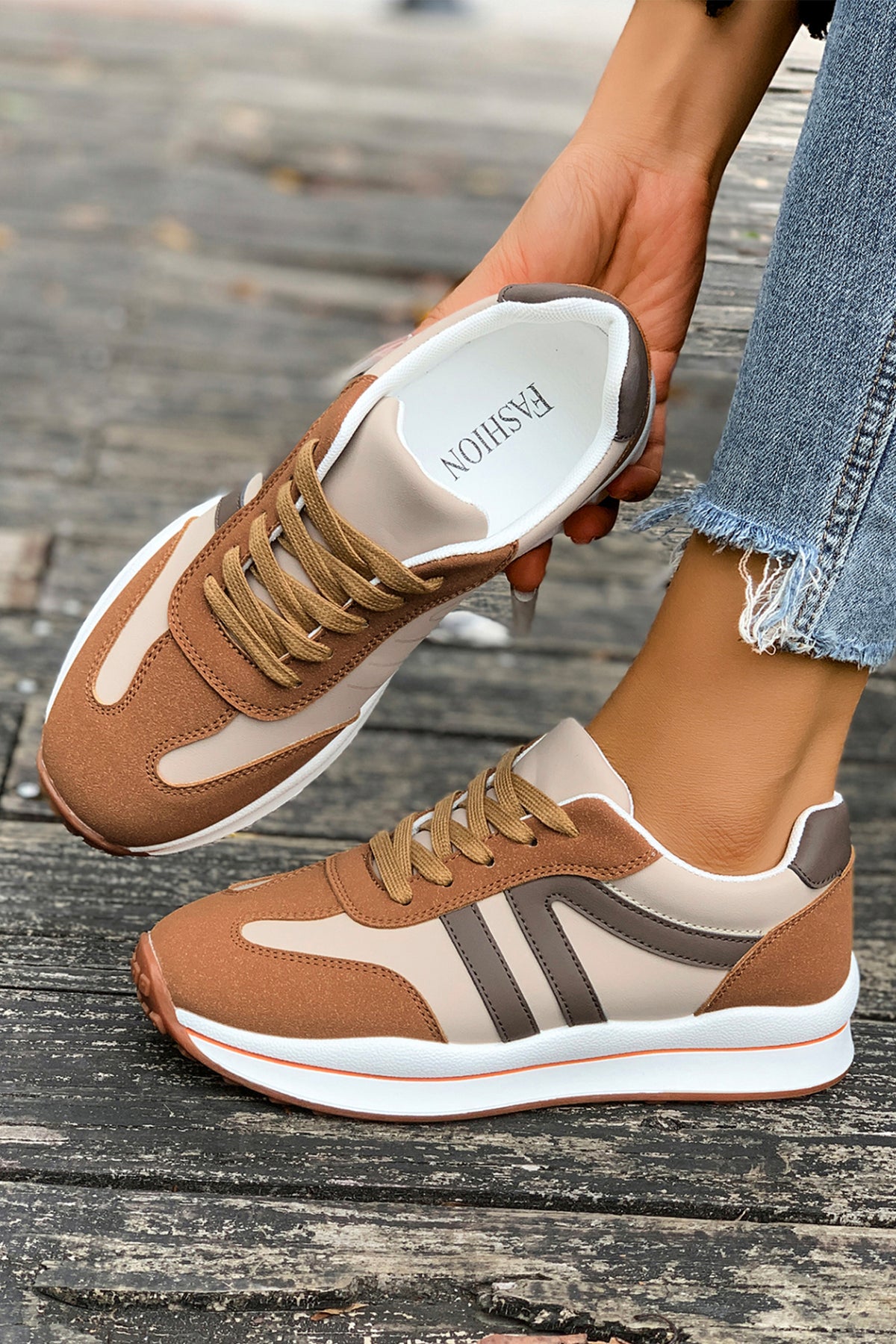 Brown Varsity Color Block Patchwork Lace-up PU Leather Sneakers — image 04