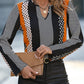 Orange Geo Print Colorblock Notched V Neck Blouse — image 04