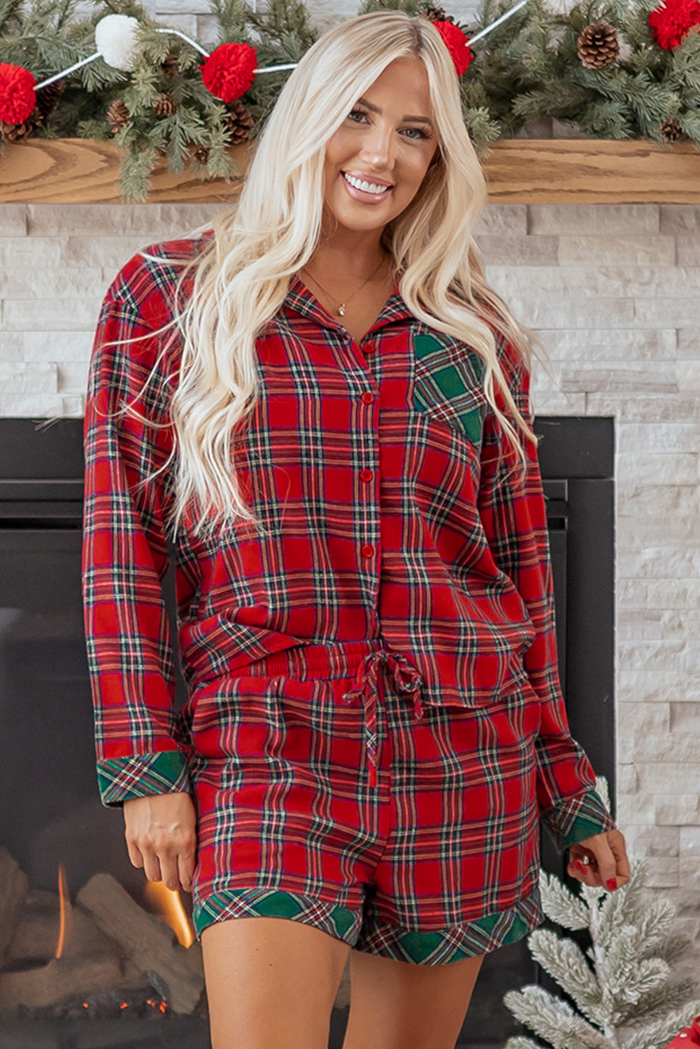 Red Plaid Contrast Patched Christmas Shirt & Short Pajama Set — image 04