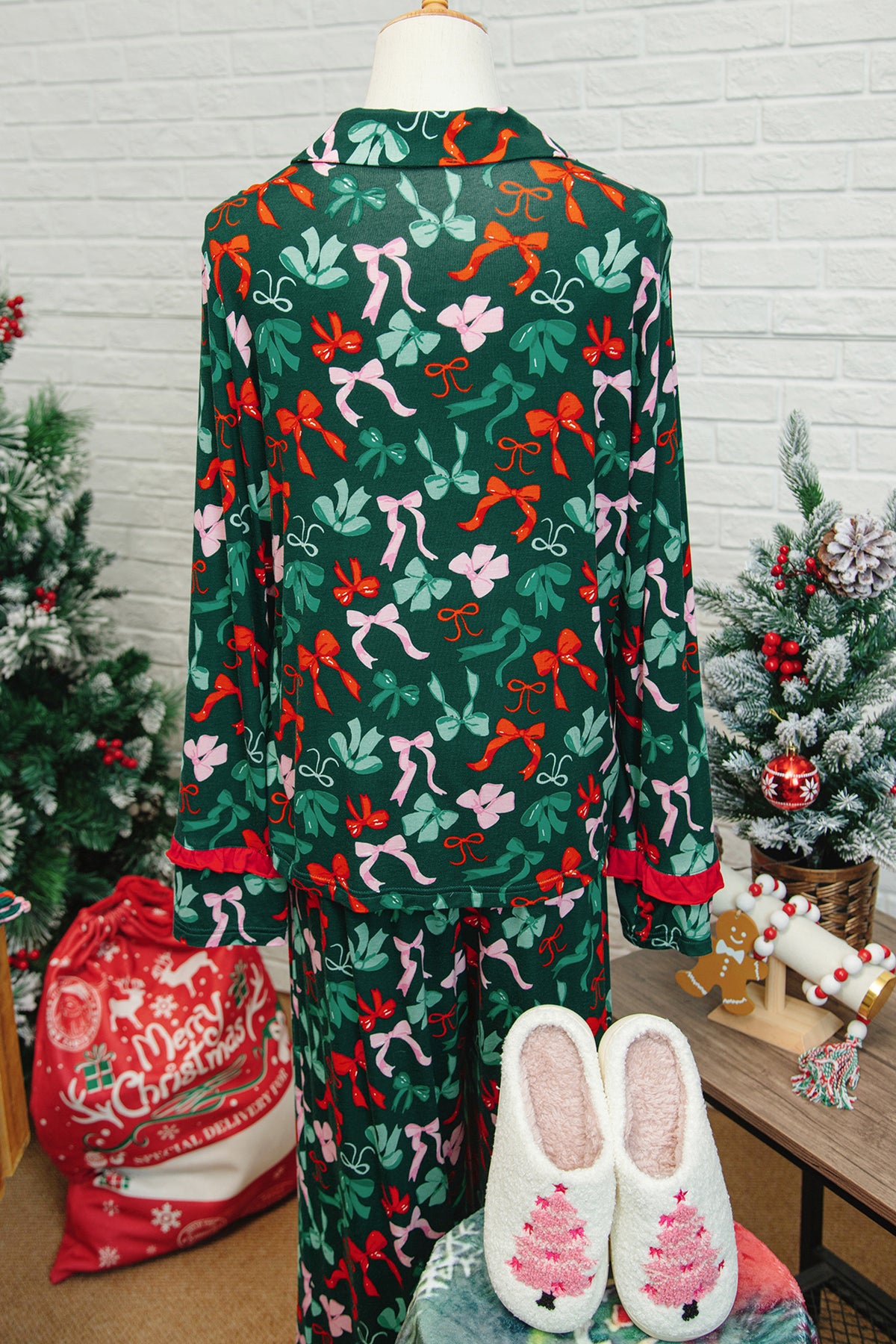 Green Festive Bow Print 2pcs Pajama Pant Set — image 04
