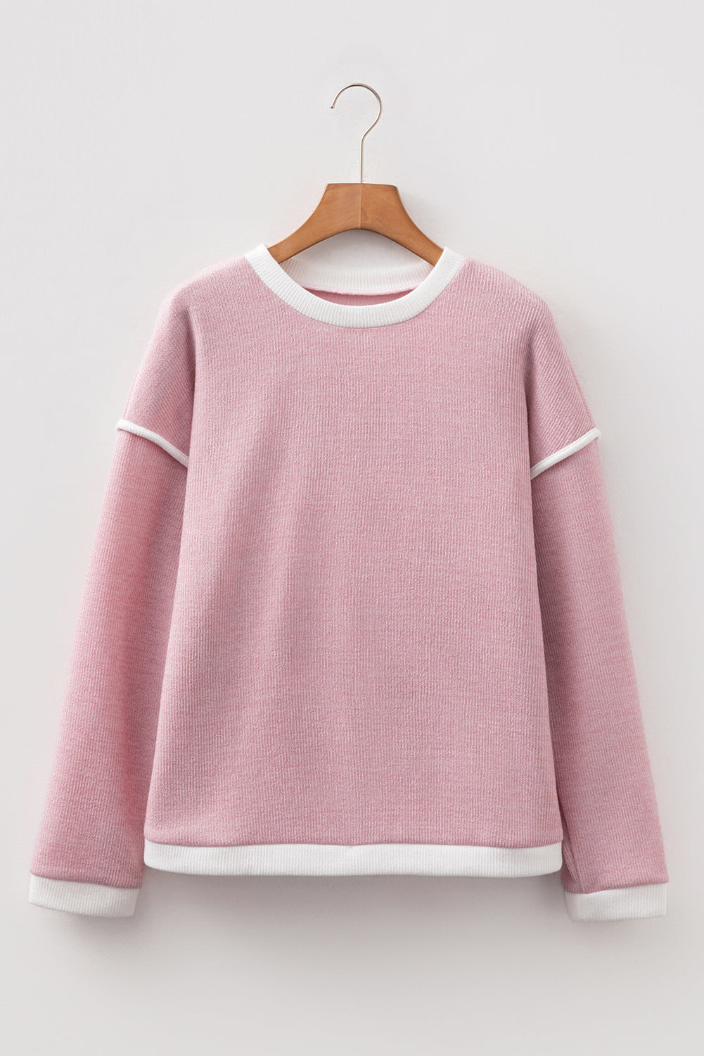 Light Pink Contrast Color Trim Knit Drop Shoulder Loose Top — image 05