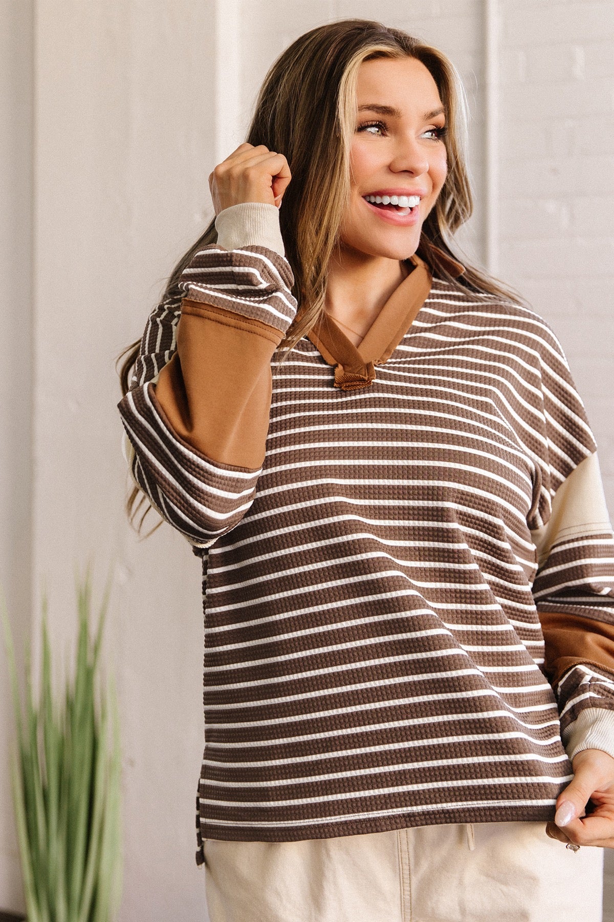 Brown Stripe Collar V Neck Color Block Pullover Top — image 05