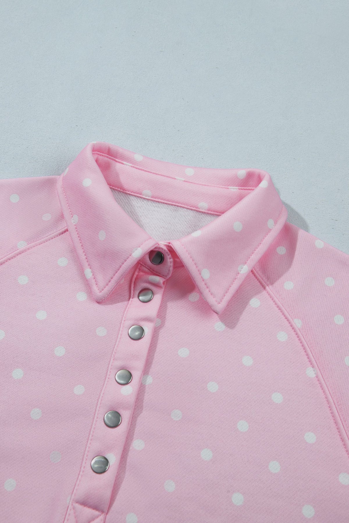 Pink Polka Dot Print Metal Button Collar Casual Pullover Sweatshirt — image 05