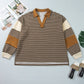 Brown Stripe Collar V Neck Color Block Pullover Top — image 05