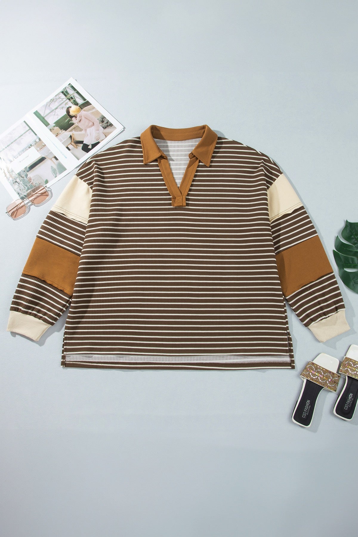 Brown Stripe Collar V Neck Color Block Pullover Top — image 05