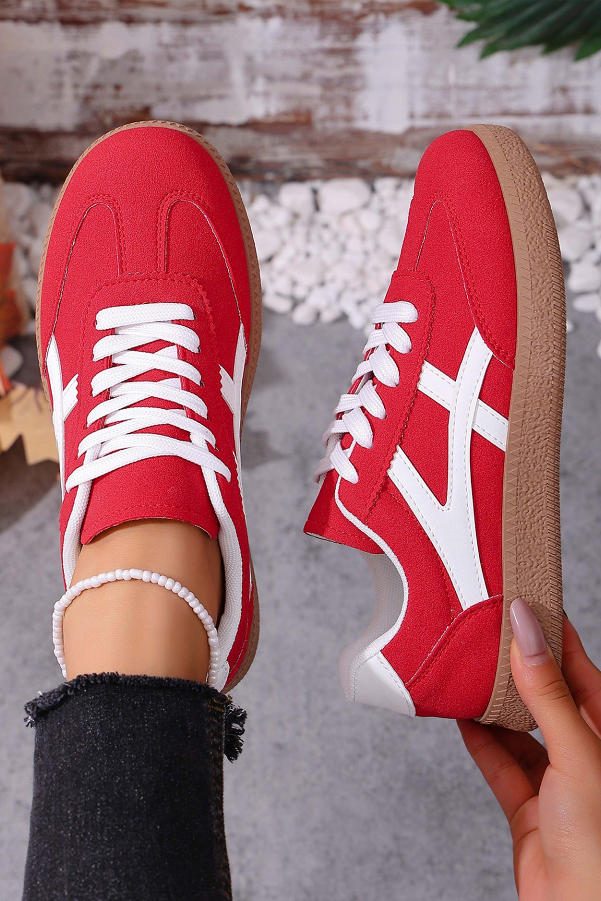 Racing Red Faux Suede Contrast Patchwork Detail Lace Up Flat Sneakers — image 05