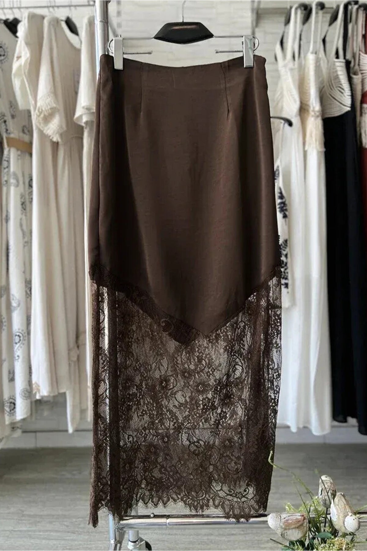 PREORDER // Dark Brown Lace Patchwork Hem Long Skirt // ETA November — image 05