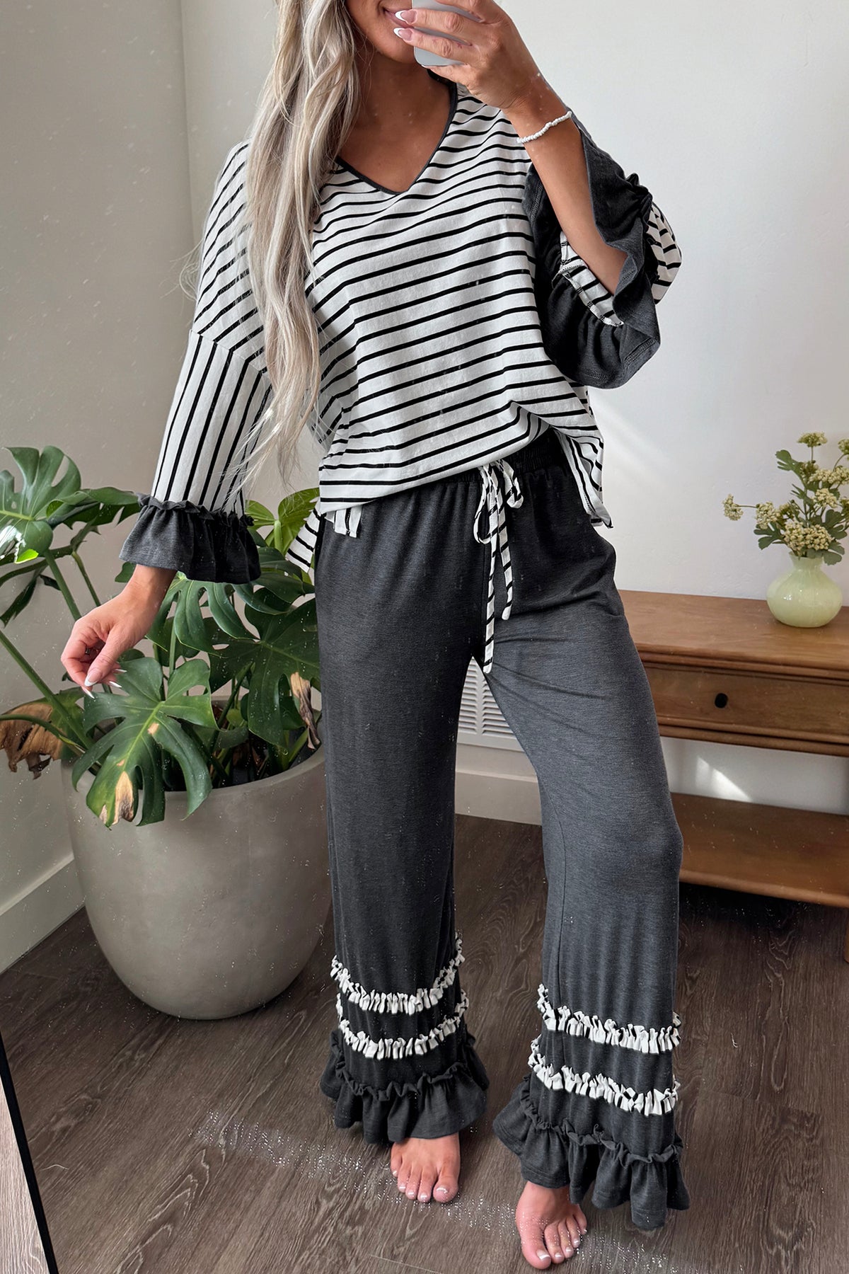 Stripe V-Neck Ruffle Contrast Sleeve Top + Drawstring Pants Set — image 05