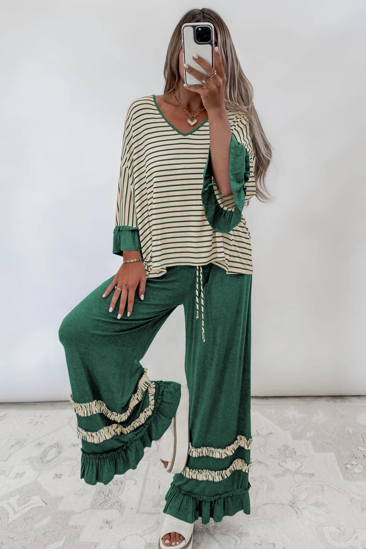 Stripe V-Neck Ruffle Contrast Sleeve Top + Drawstring Pants Set — image 05
