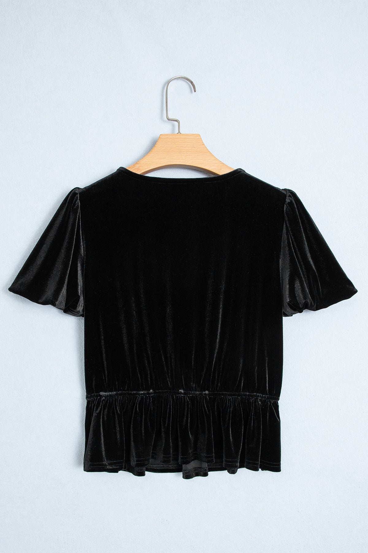 Black V Neck Bow Decorations Peplum Hem Shift Silhouette Short Sleeve Blouse — image 05