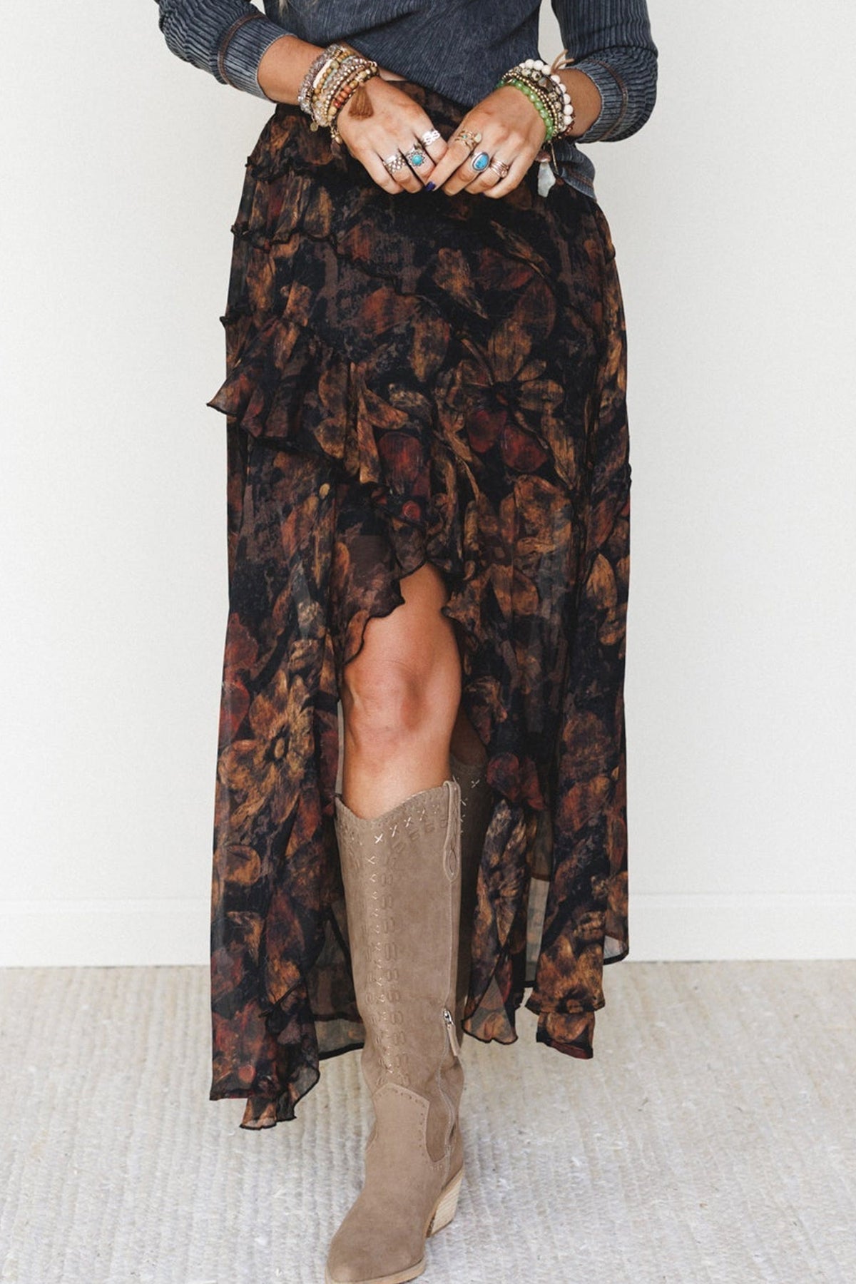 PREORDER // Brown Floral Print Ruffle Split Hem Flowy Long Skirt // ETA 11/19 — image 05
