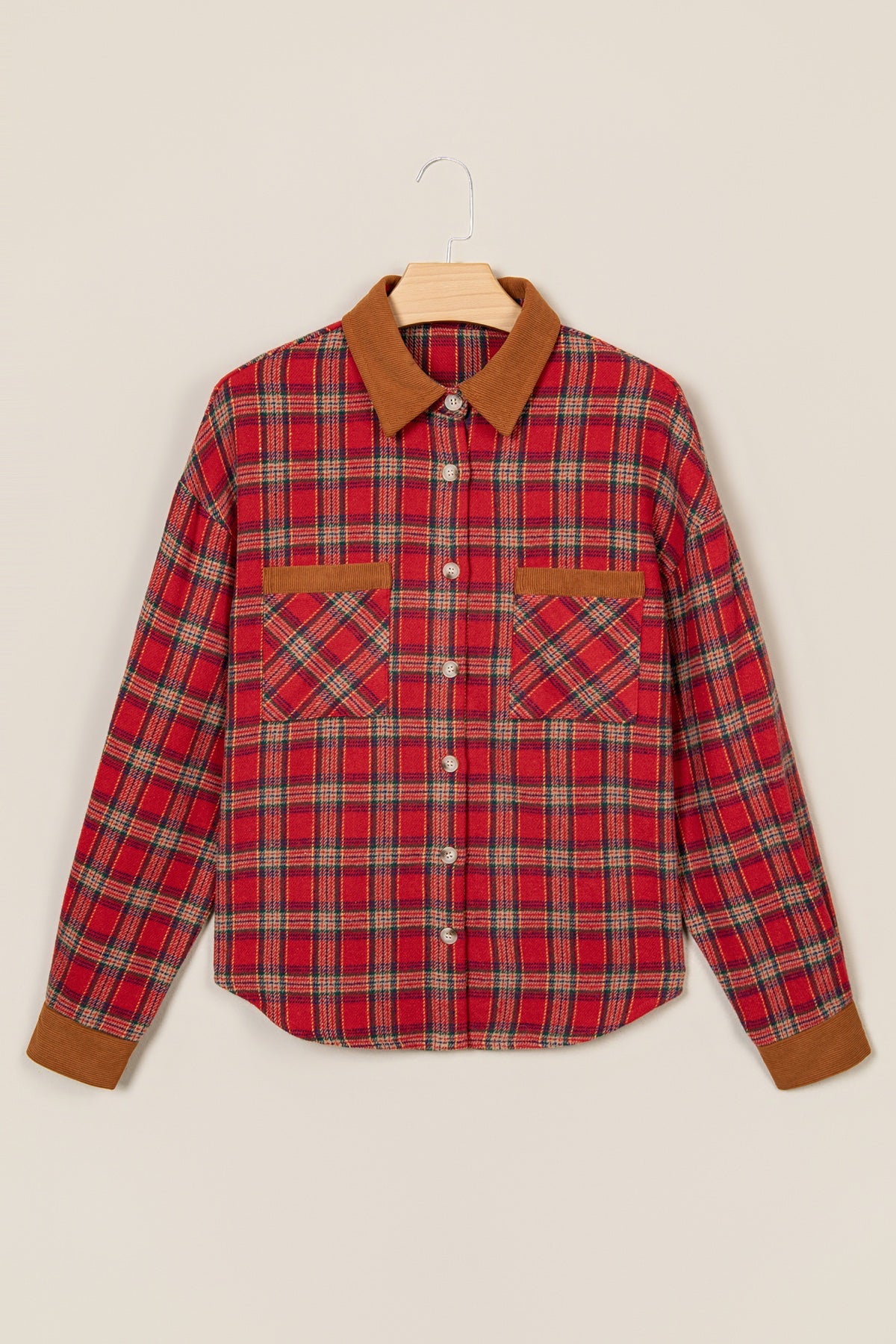 Red Plaid Color Block Collared Button Shacket — image 05